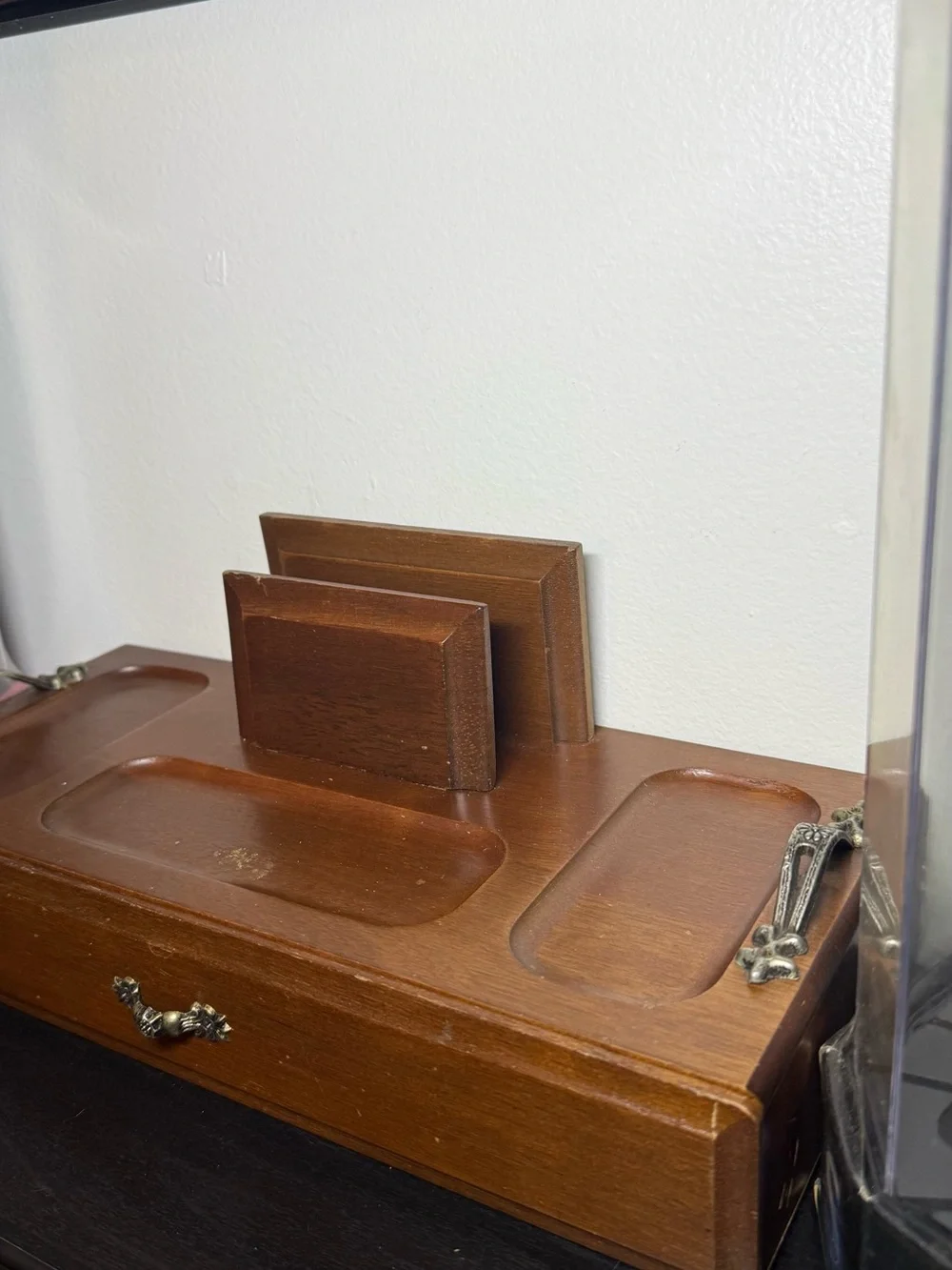 Vintage 1970s London Leather Wooden Valet Jewelry Box & Desk Organizer